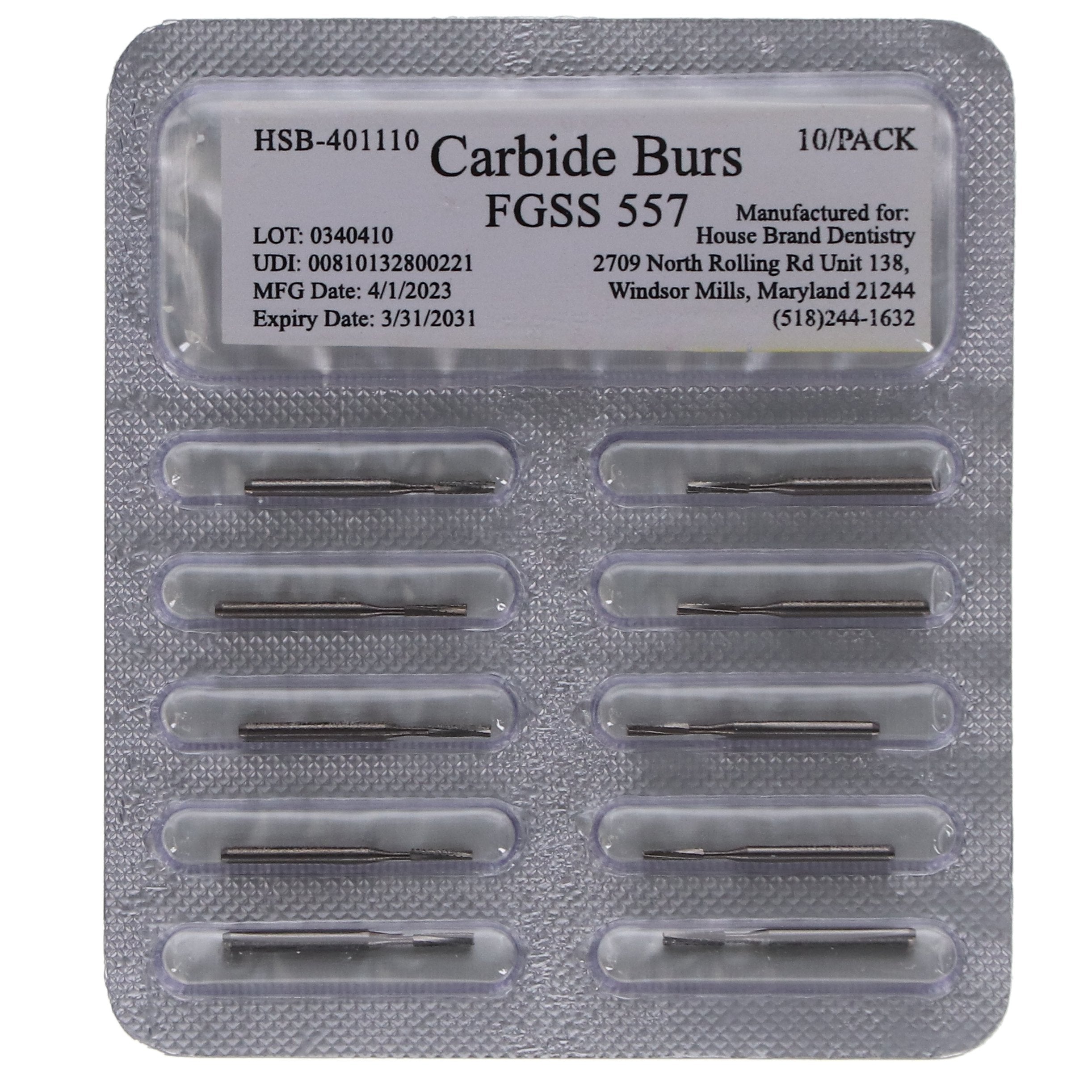 House Brand Dentistry 401110 FG Short Shank #557 Straight Fissure Crosscut Carbide Burs 100/Pk House Brand Dentistry 401110 FG Short Shank #557 Straight Fissure Crosscut Carbide Burs 100/Pk
